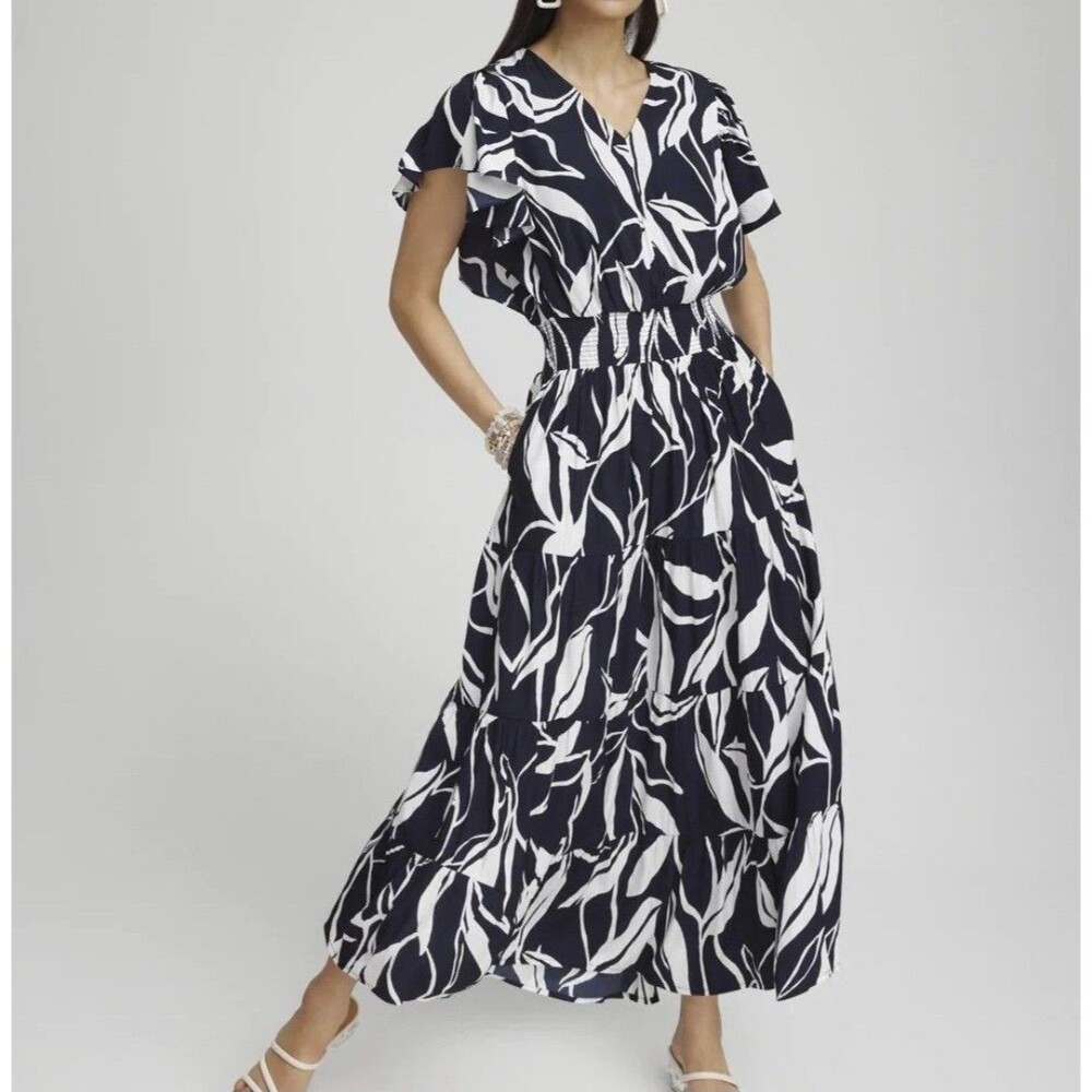 Chico's Floral Tiered Smocked Waist Maxi Dress Blue White Women 16 (Size 3) - Picture 7 of 17